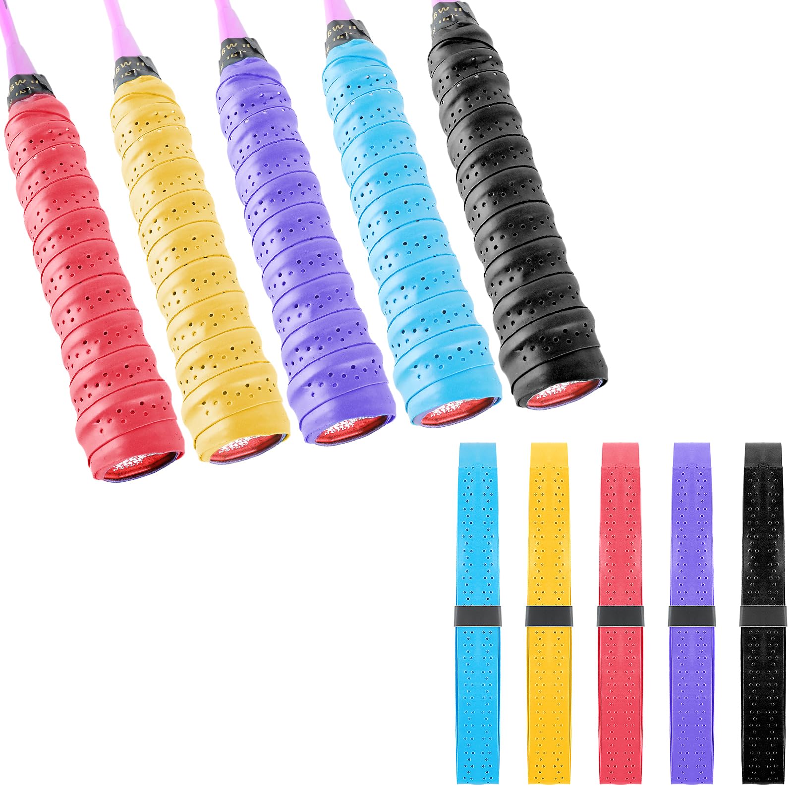 Gjinxi 5Pcs Badminton Racket Grip Tape Lightweight Cushion Overgrip Racket Anti-Slip Precut Handle Wrap Perforated Super Absorbent Grips with Finish Tape Badminton Picklebal Dry Feel Cushion Grip